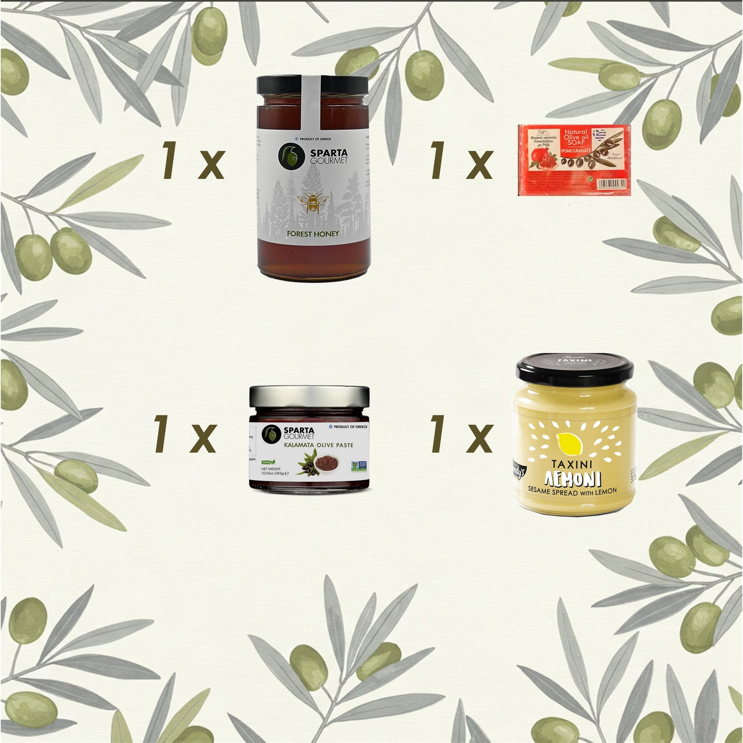 Grüne Delikatessen – Greek Harmony Geschenkbox | Olivenpaste, Tahincreme, Naturseife & Waldhonig aus Sparta