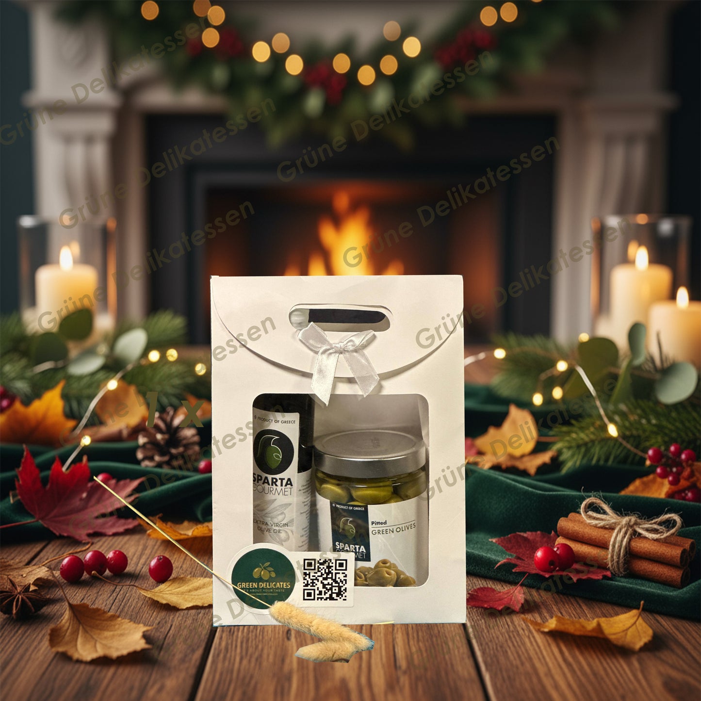 Grüne Delikatessen – Greek Essence Geschenkbox | Extra Virgin Olivenöl & Grüne Chalkidiki Oliven aus Sparta