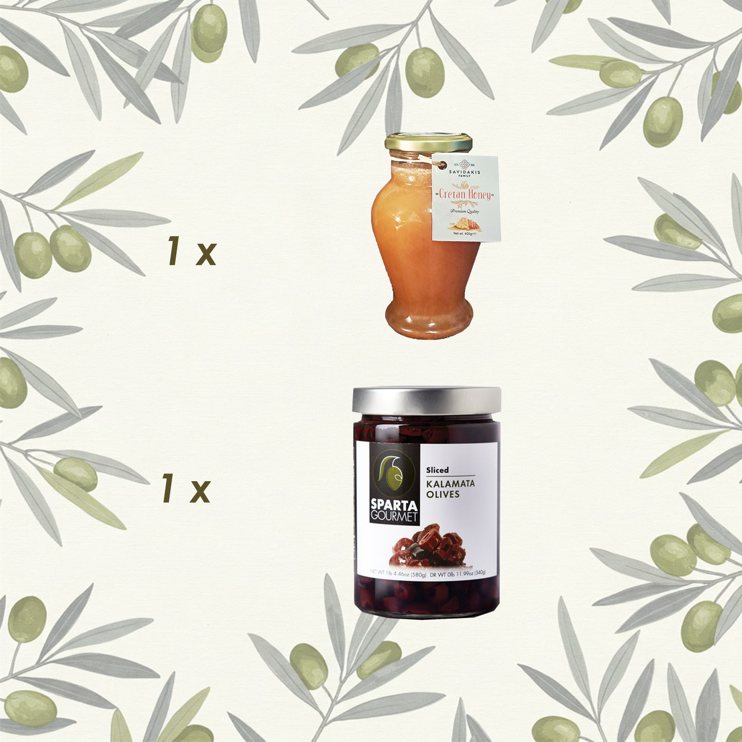 Grüne Delikatessen Geschenkpaket – Premium Griechischer Honig & Sparta Gourmet Kalamata Oliven 🌿