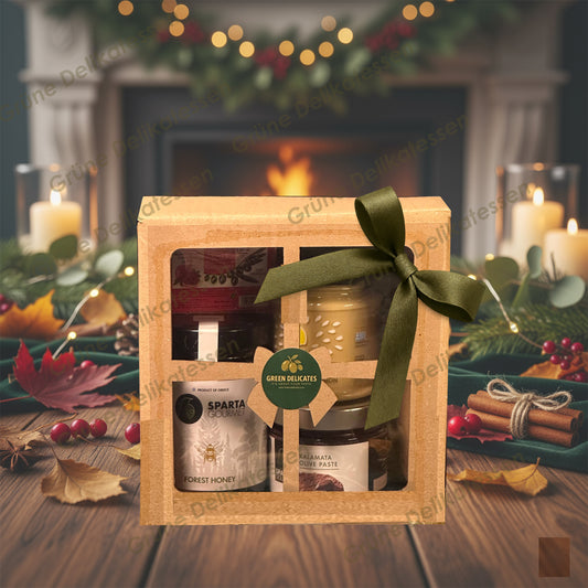 Grüne Delikatessen – Greek Harmony Geschenkbox | Olivenpaste, Tahincreme, Naturseife & Waldhonig aus Sparta